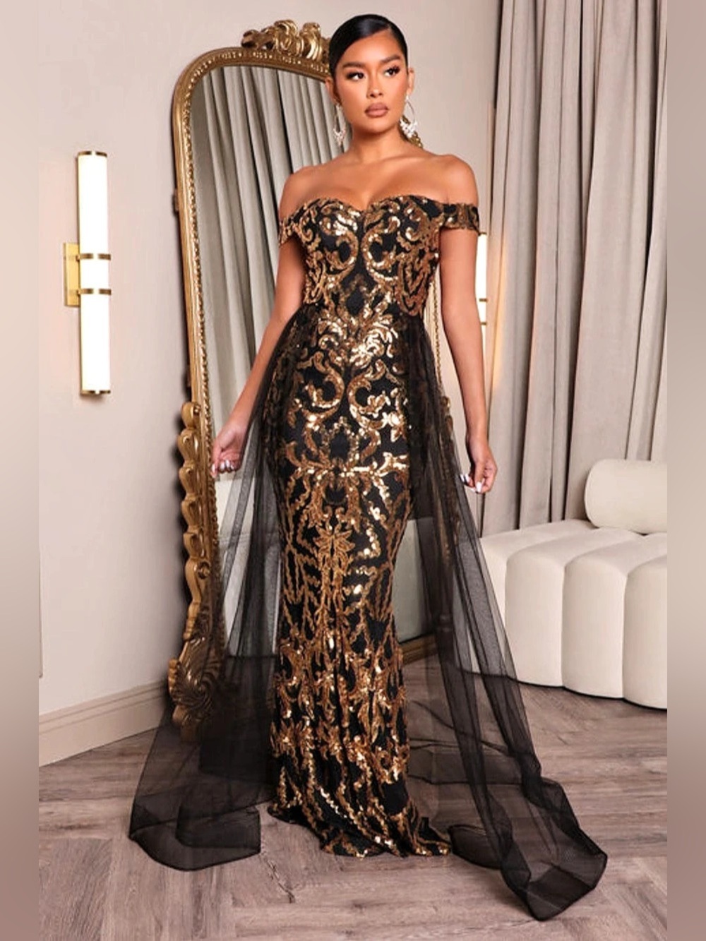 Fashion Nova Impeccable Taste Sequin Maxi Dress Black Gold Off Shoulder 1X